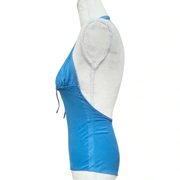 Vintage 1970s Blue Halter One-Piece Swimsuit Size 9/10 Retro Backless Swim Suit - Picture 4 of 8